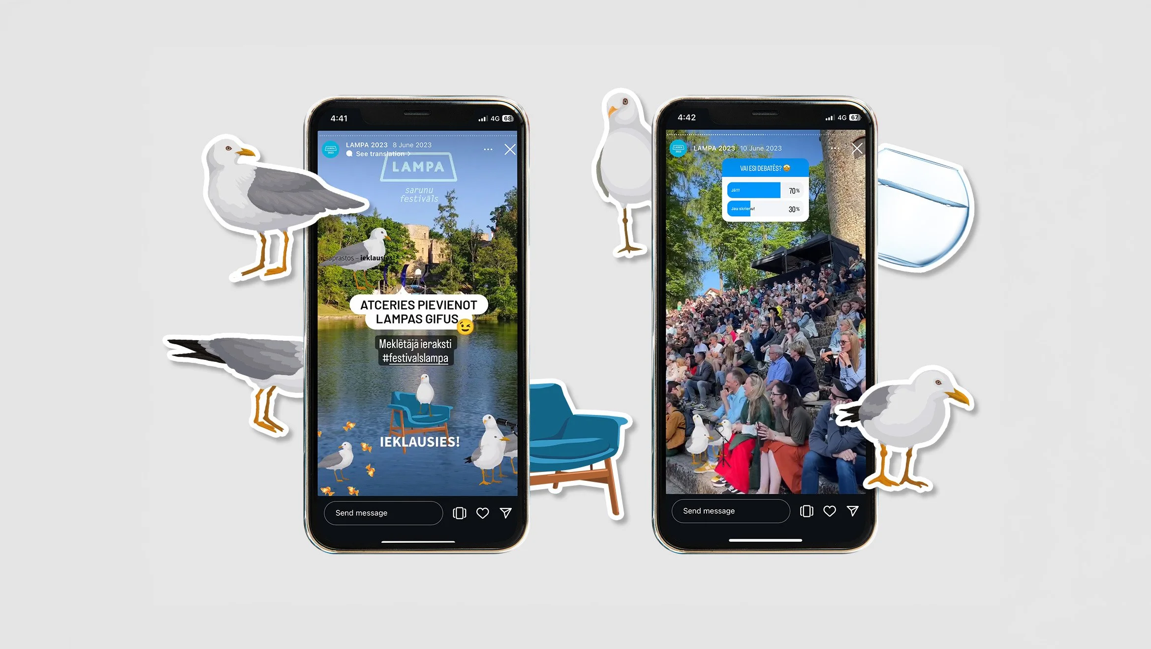 Two smartphones displaying social media posts about a festival, with illustrations of seagulls, a chair, and a glass of water surrounding them.