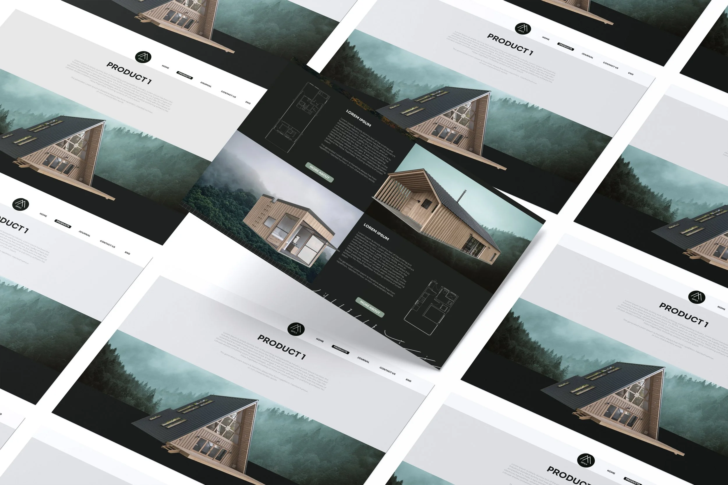 Multiple website mockups showcasing modern wooden houses with forest background, product details, floor plans, and navigation menu.