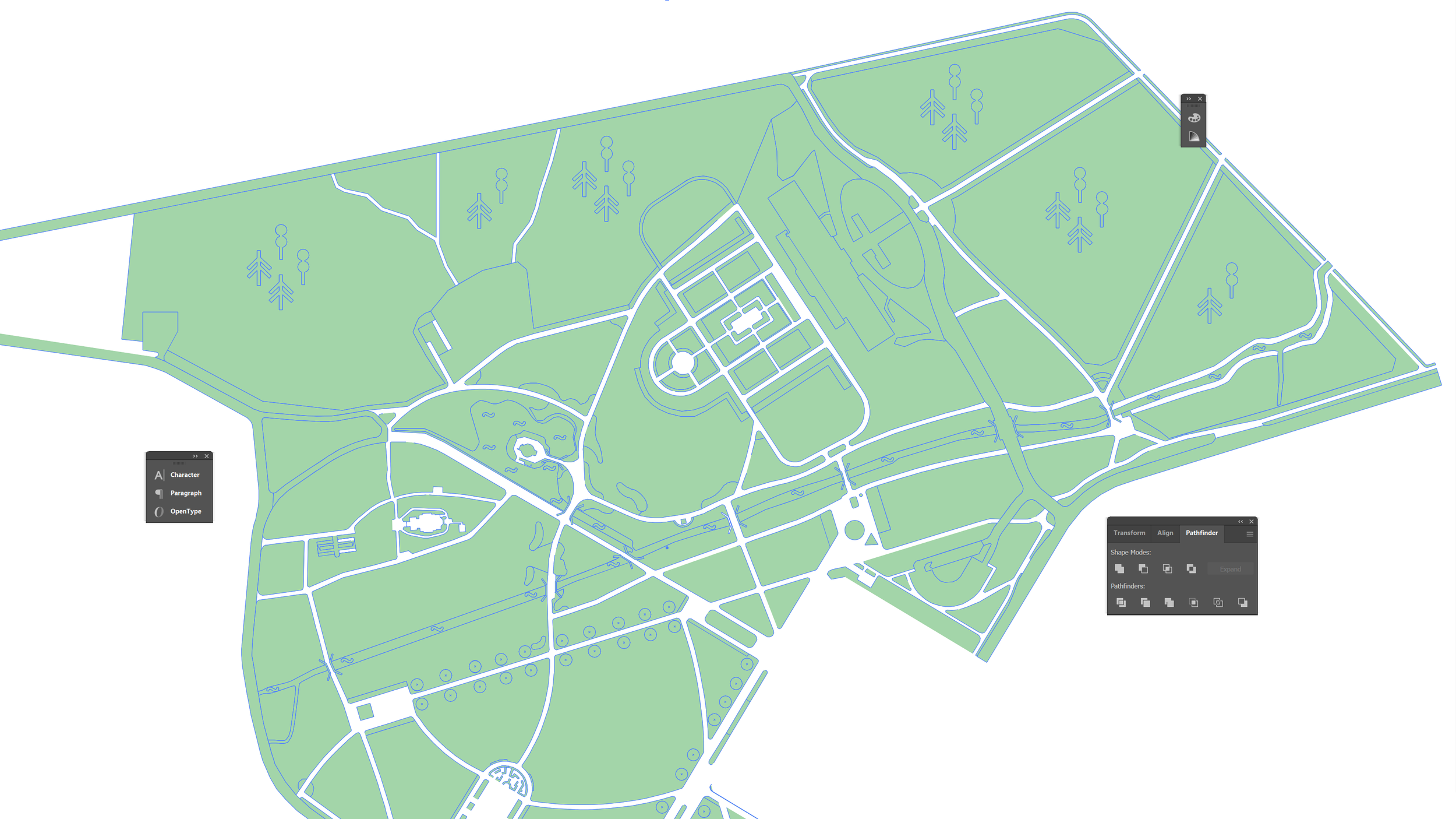 Map of a large park with walking paths, green spaces, water features, and surrounding roads.