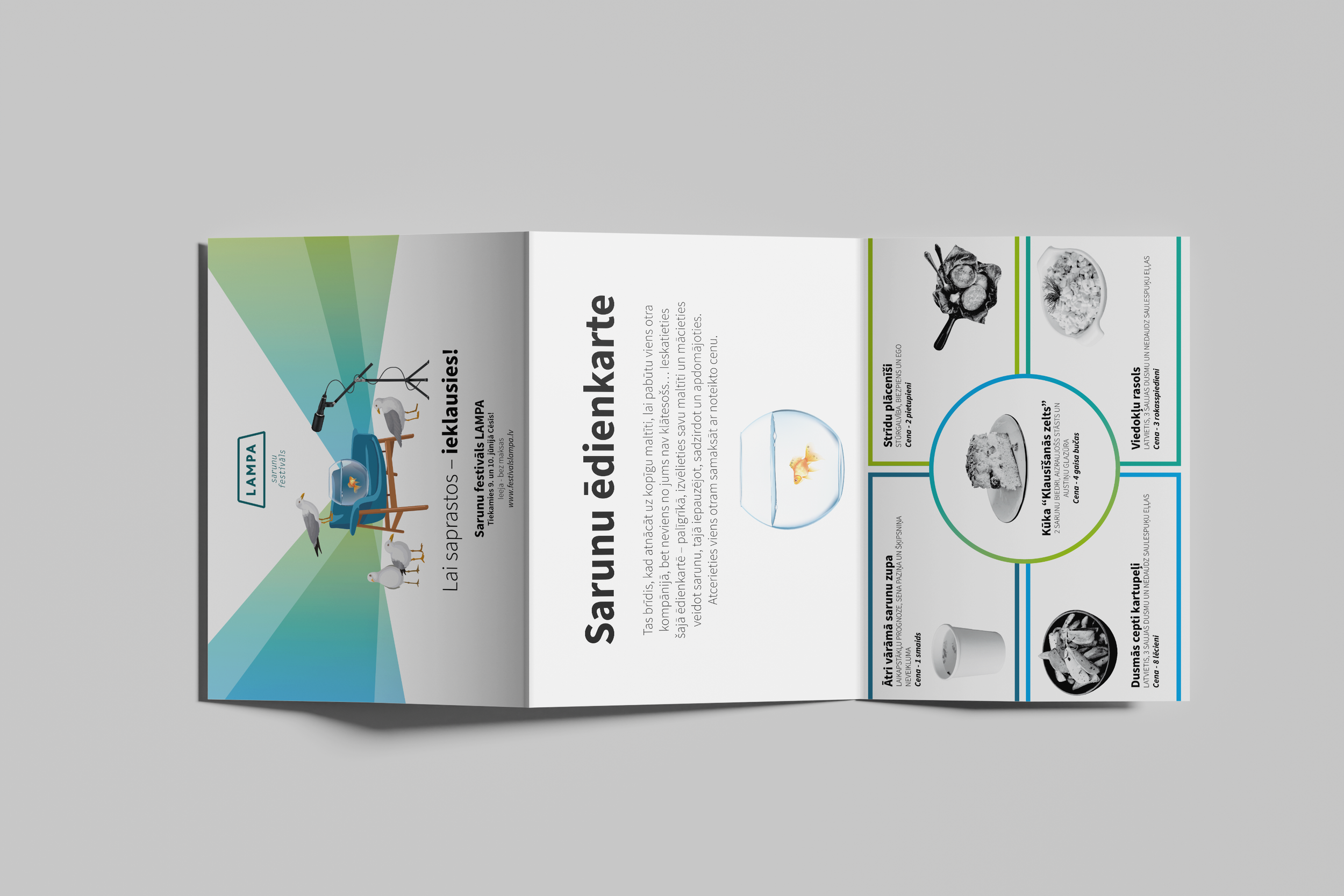 An unfolded newsletter or flyer featuring Latvian text and images of food items, including a dish with seafood, a bowl of salad, and a cooked dish, with a background of green, blue, and white colors.