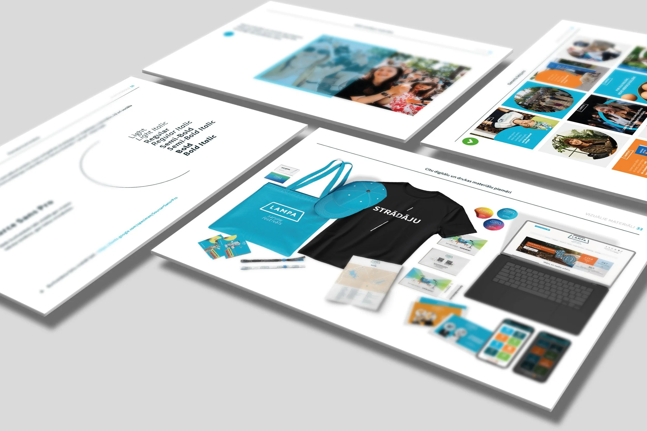 Photograph of printed marketing and branding materials including flyers, a tote bag, T-shirt, pens, and a laptop, all featuring a blue and black color scheme.