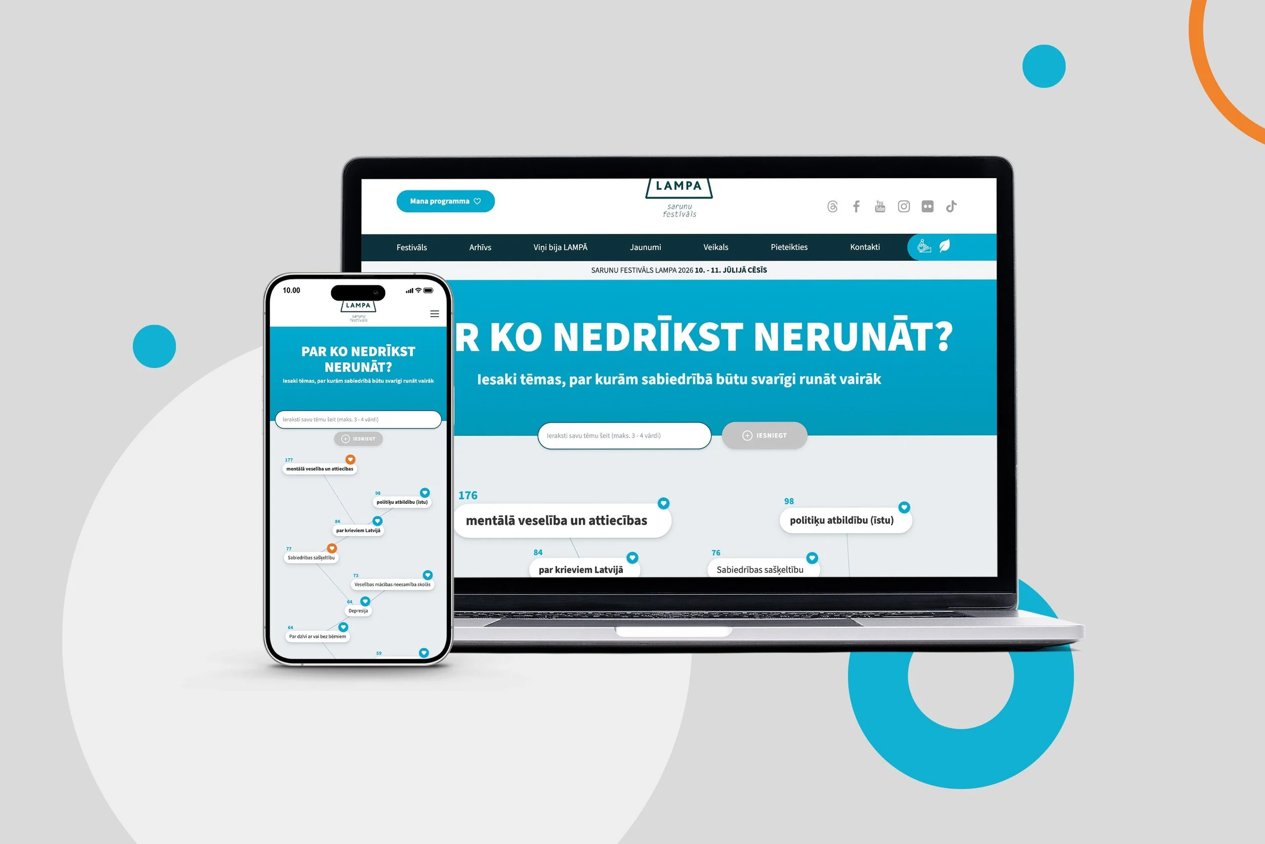 Digital devices, including a laptop and a smartphone, display a Latvian webpage and app related to mental health and well-being.