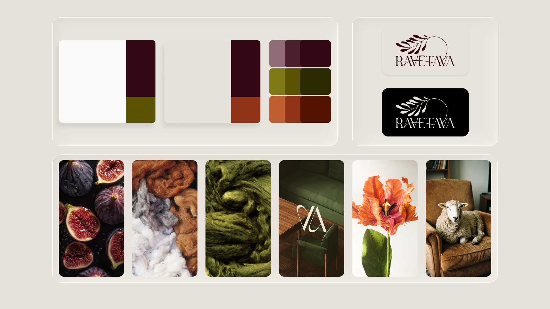 Screenshot of a color palette and material samples for interior design or fashion, with a logo reading 'RAVETAVA' in two styles, one in a beige box with maroon text and a leaf icon, and the other in a black box with white text and a leaf icon, along with images of figs, wool, fabric textures, a green chair, a flower, and a sheep on a sofa.