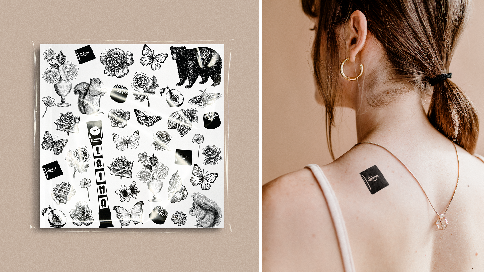 Image on the left shows a sheet of temporary tattoo stickers with various black and white designs including animals, flowers, butterflies, and the brand name 'Laima'. The right side shows a woman with red hair tied back, wearing gold hoop earrings and a necklace, with a temporary tattoo sticker on her shoulder.