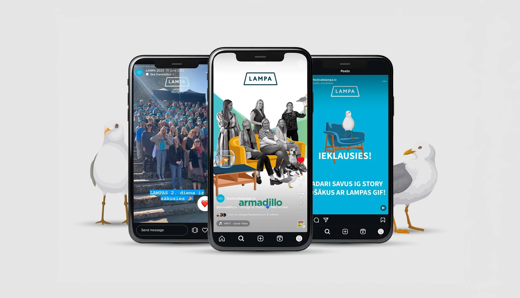 Three smartphones displaying social media stories and posts surrounded by animated seagulls, with a light gray background.