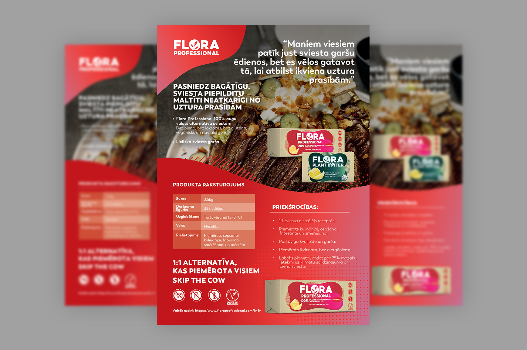 Brochure featuring Flora Professional plant-based butter, with images of a chocolate cake topped with sliced kiwi and nuts, and detailed product information in Latvian.