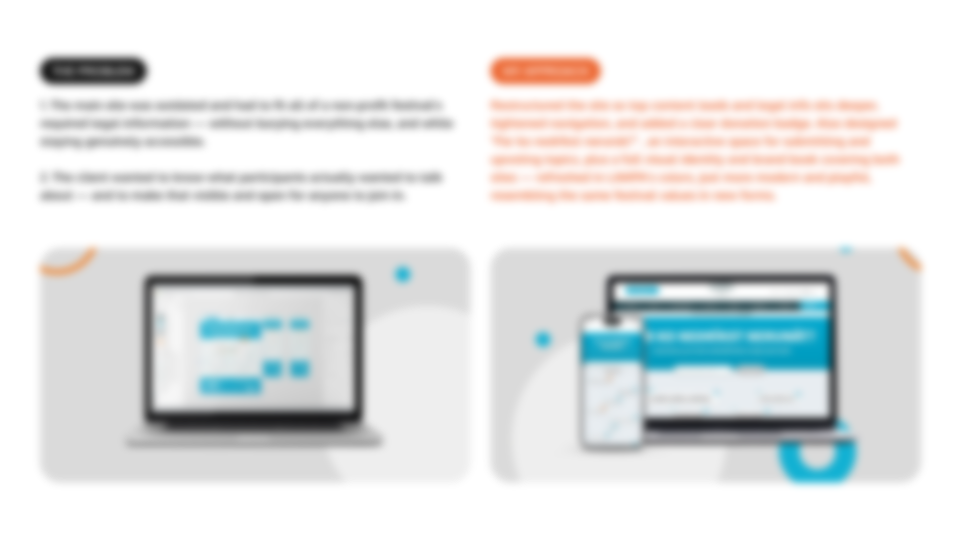 Blurred infographic showing technology devices including a laptop, tablet, and smartphone displaying a management dashboard interface, with text sections in black and orange.