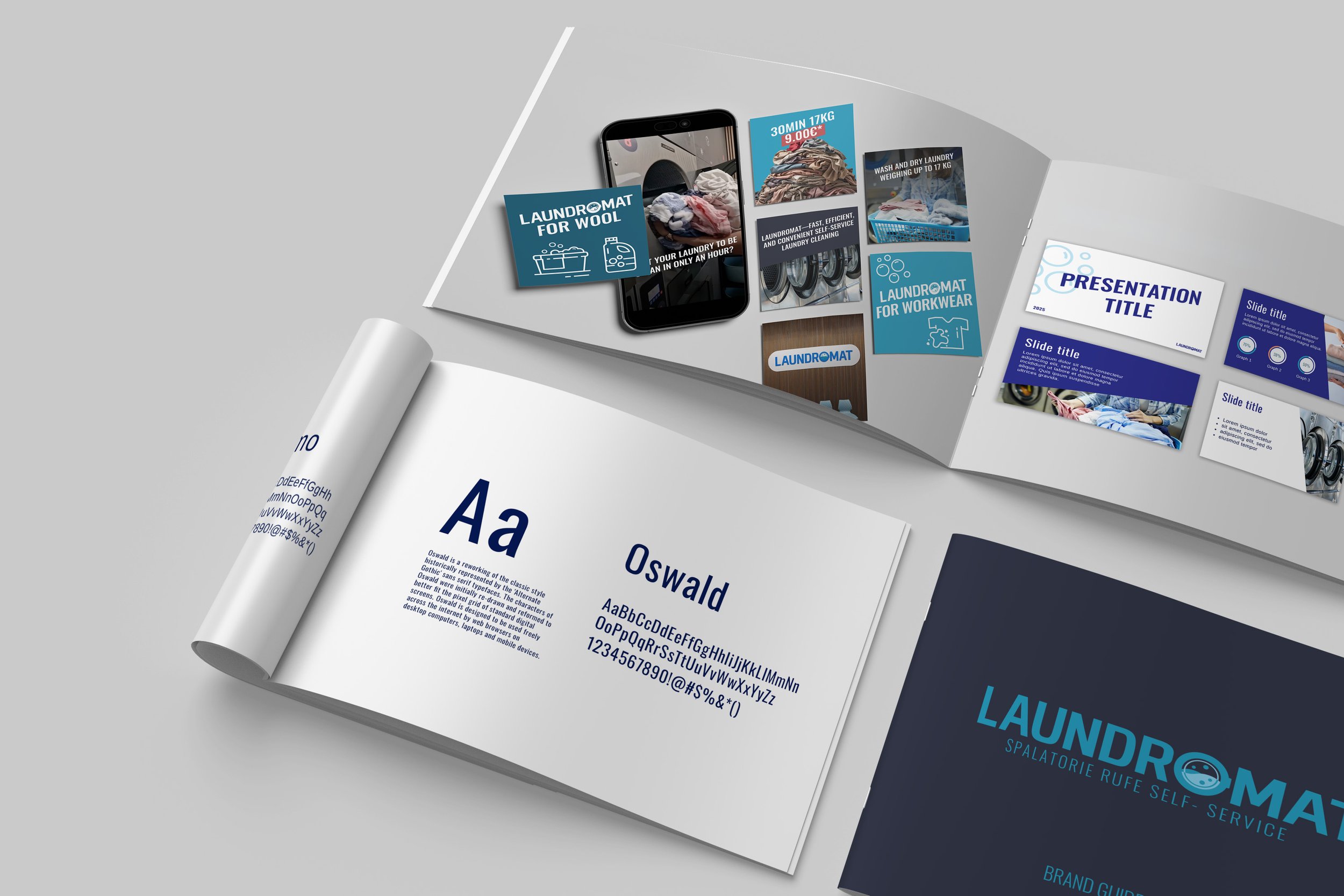 Open open brand book displaying the font Oswald, promotional flyers for a laundry service named Laundromat, smartphone showing laundry tips, and various laundry-related advertisements and images.