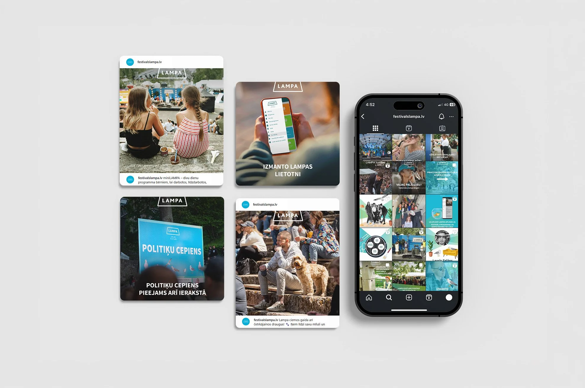 Digital mockup of a social media profile page and posts related to a festival called 'Lampa,' showing crowds of people at an outdoor event, a person browsing festival app, and various festival-related images and text in Latvian.