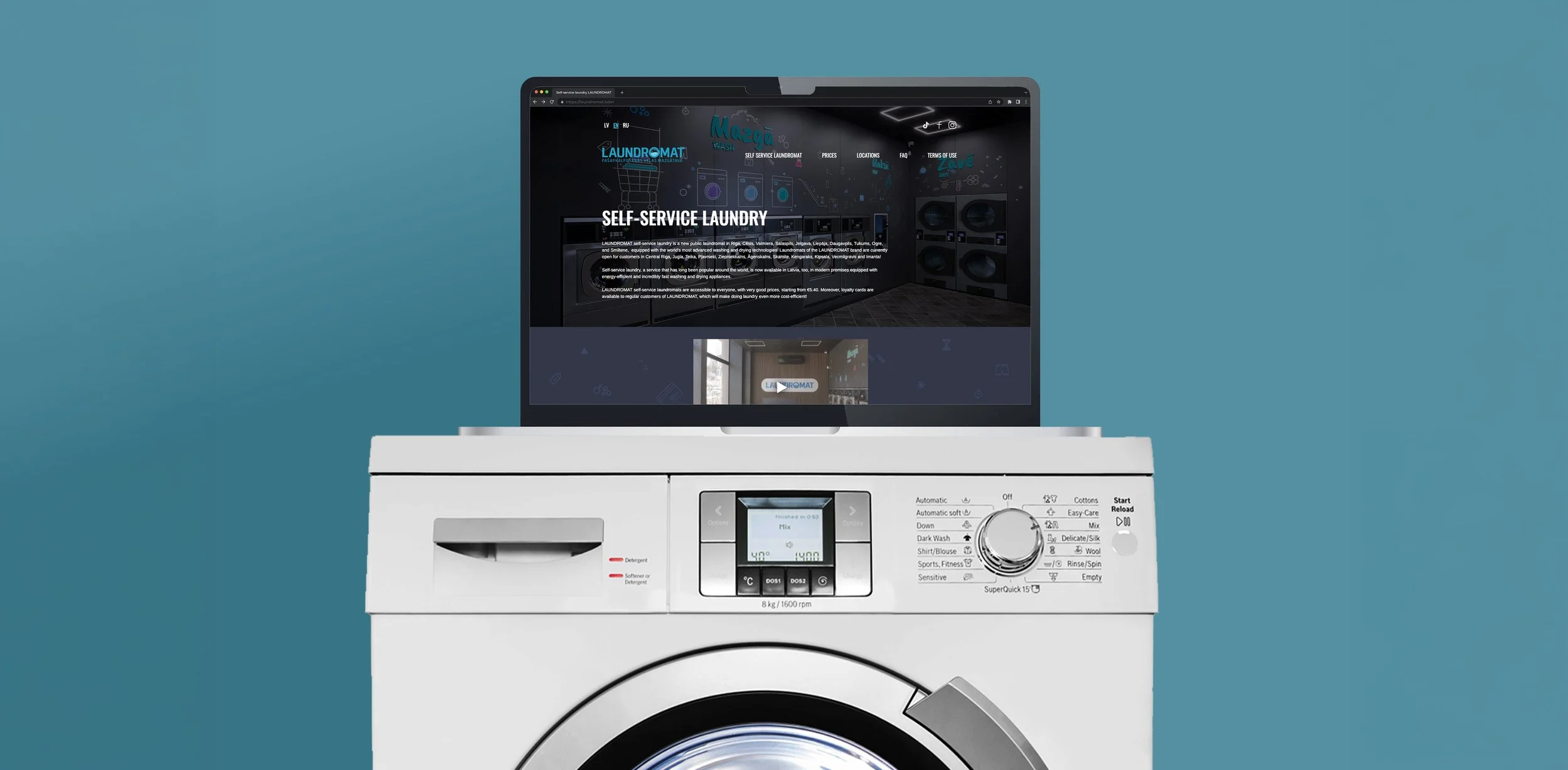 A computer screen showing a website for self-service laundry above a white washing machine against a light blue wall.