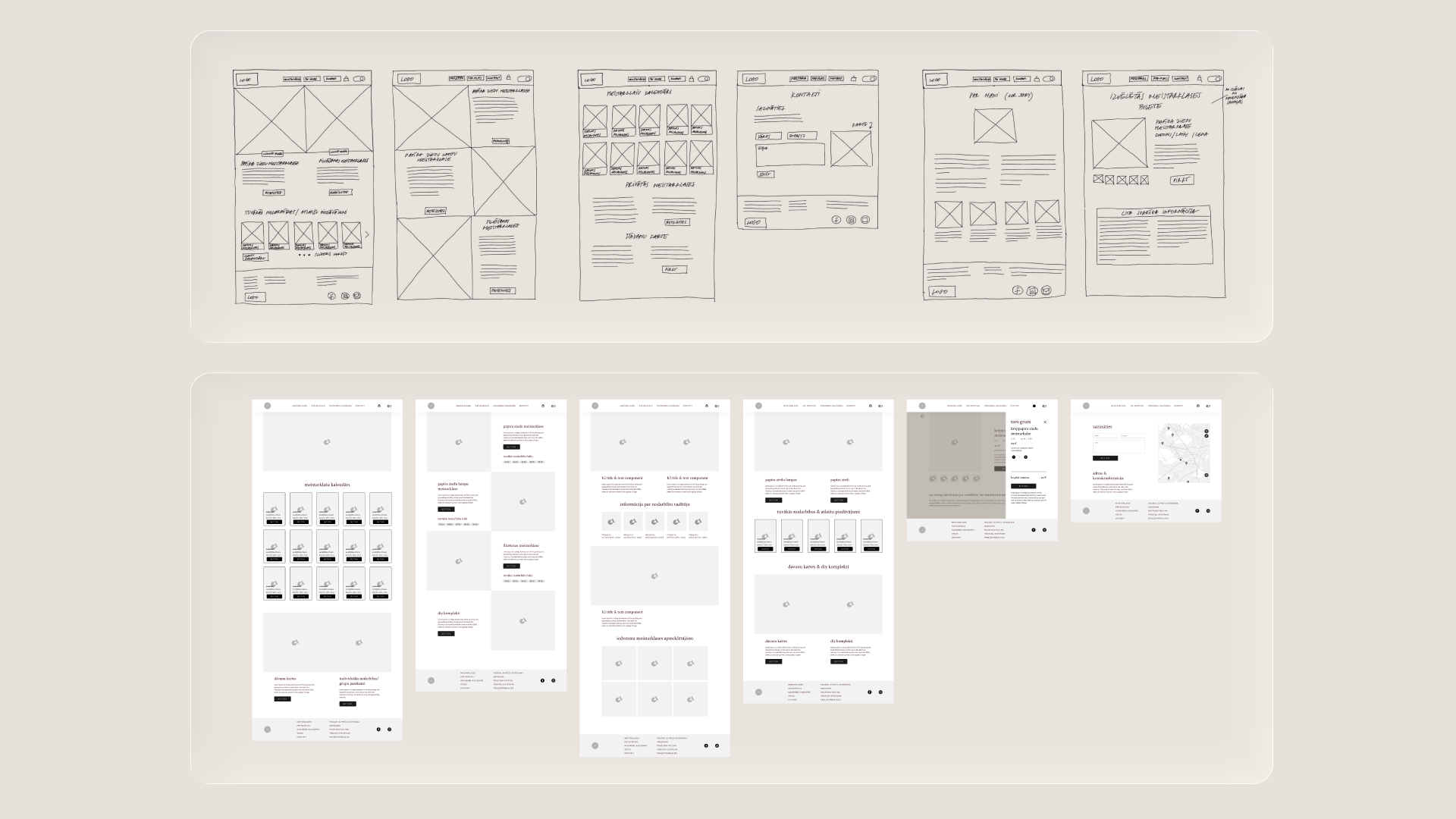 Thumbnail sketches of website design layouts and wireframes, showing various page structures with placeholders for images, text, and navigation elements.