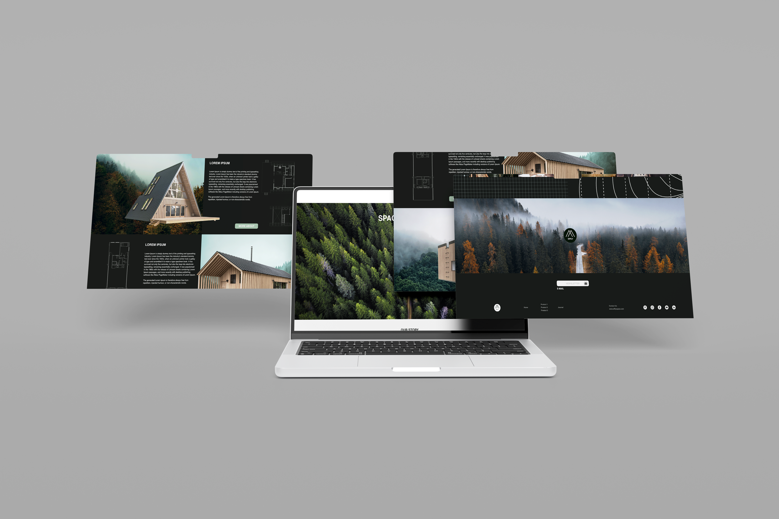 A laptop displaying various digital screens and images related to nature and architecture, with a gray background.