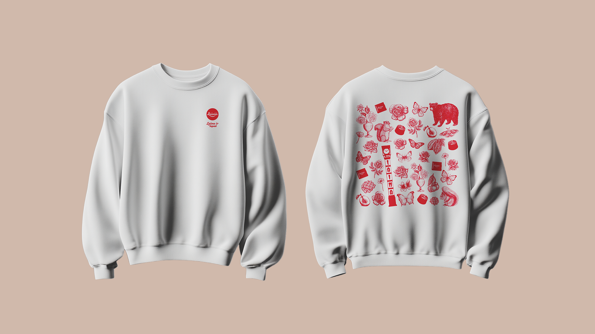 White sweatshirt with red graphic designs on the back and small logo on the front left chest, set against a light beige background.