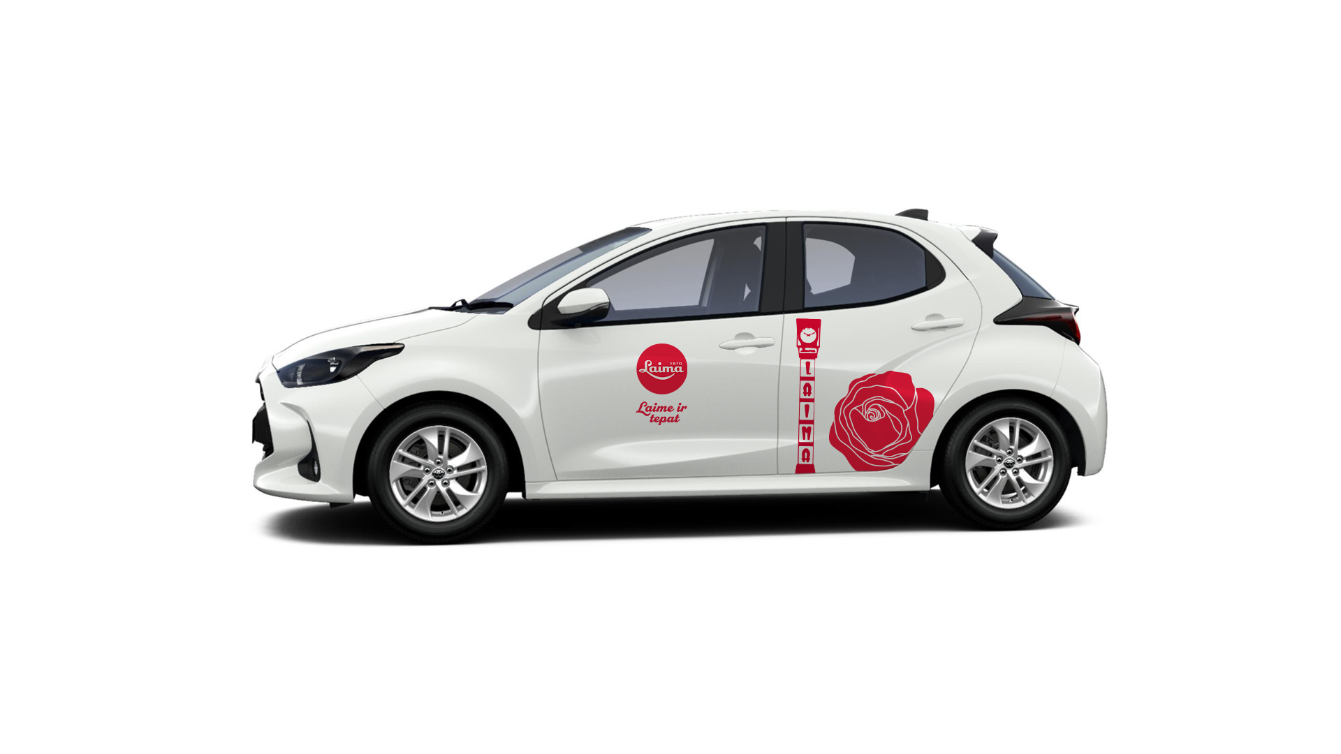 White compact hatchback car with red advertisement stickers on the door and side, featuring a rose graphic, a sticker with the words 'Laime ir tepat', and various red icons.
