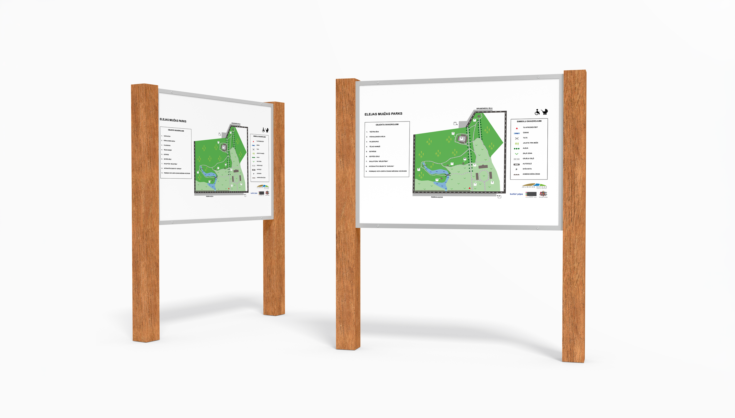 Two information boards with maps of Elejas Muizas Parks, mounted on wooden posts against a white background.