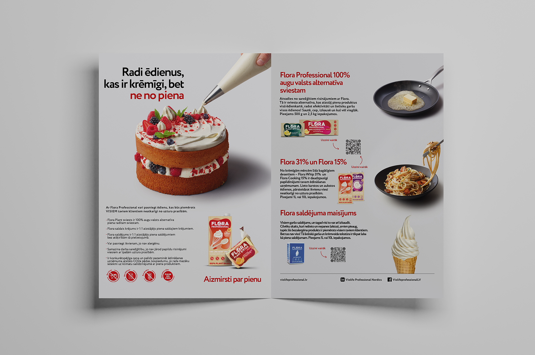 A product flyer featuring baking and cooking ingredients with text in Latvian. The left side shows a layered cake topped with berries and a piping bag. The right side displays a frying pan with butter, a plate of spaghetti, and a scoop of ice cream cone at the bottom.
