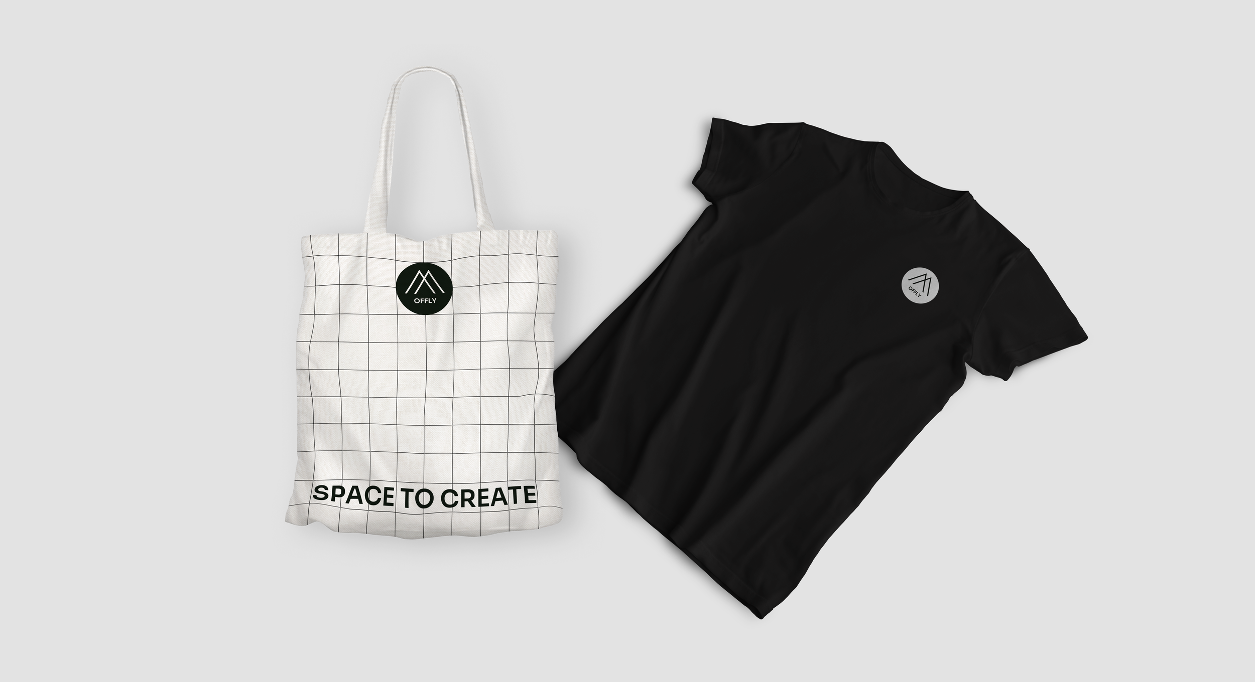 A white tote bag with a grid pattern and a black logo that reads 'OFFLY', and a black T-shirt with a small circular logo that also reads 'OFFLY' on the chest.