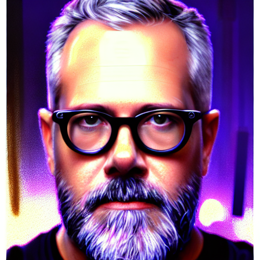 Close-up of a middle-aged man with gray hair, a full gray beard, glasses, and serious expression, with purple and yellow background lighting.