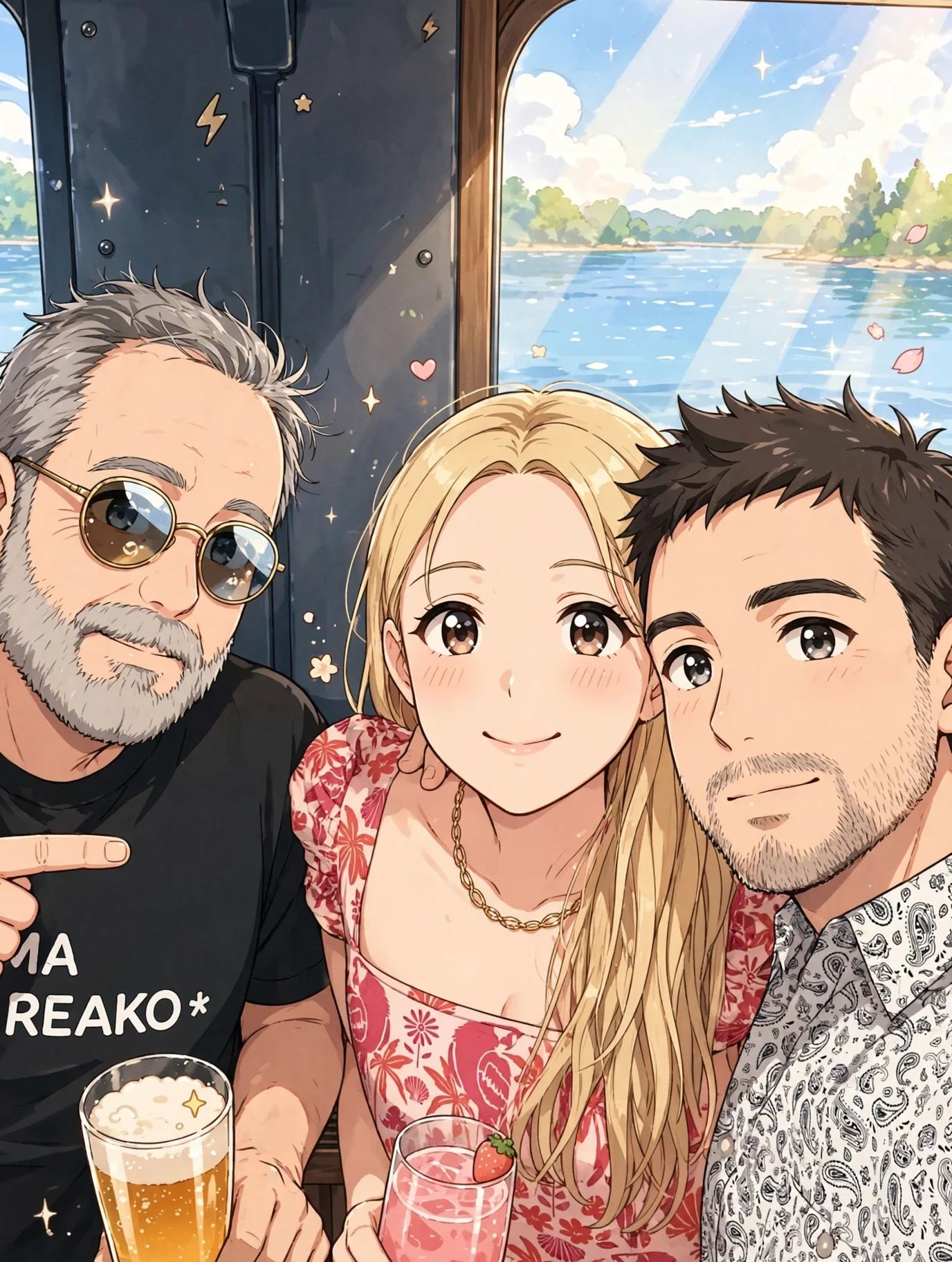 Three friends taking a selfie on a boat with a lake, trees, and blue sky in the background. One man is wearing sunglasses and a black T-shirt, the woman has long blonde hair and is wearing a red floral dress, and the other man has short dark hair and