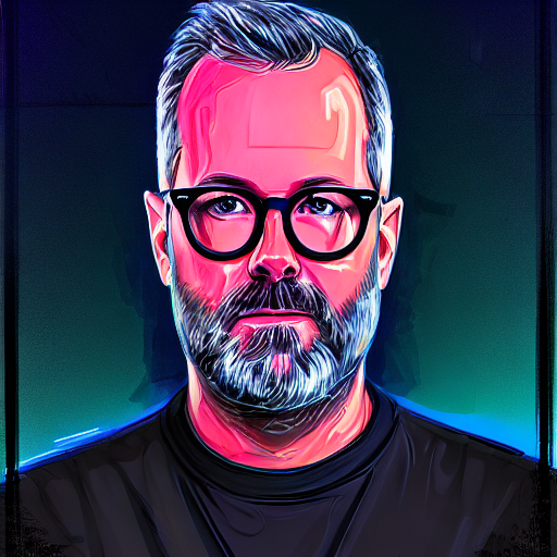 Stylized digital portrait of a middle-aged man with a beard and glasses, wearing a black shirt, with colorful neon lighting in the background.