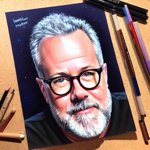 A realistic portrait of a middle-aged man with a beard, glasses, and gray hair on a dark background with stars.