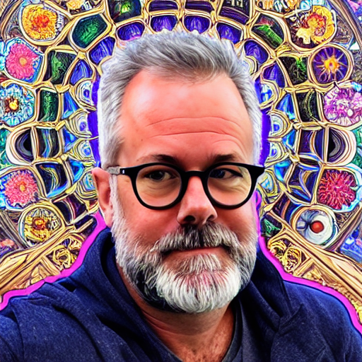A middle-aged man with gray hair, beard, and glasses taking a selfie in front of a colorful stained glass window.