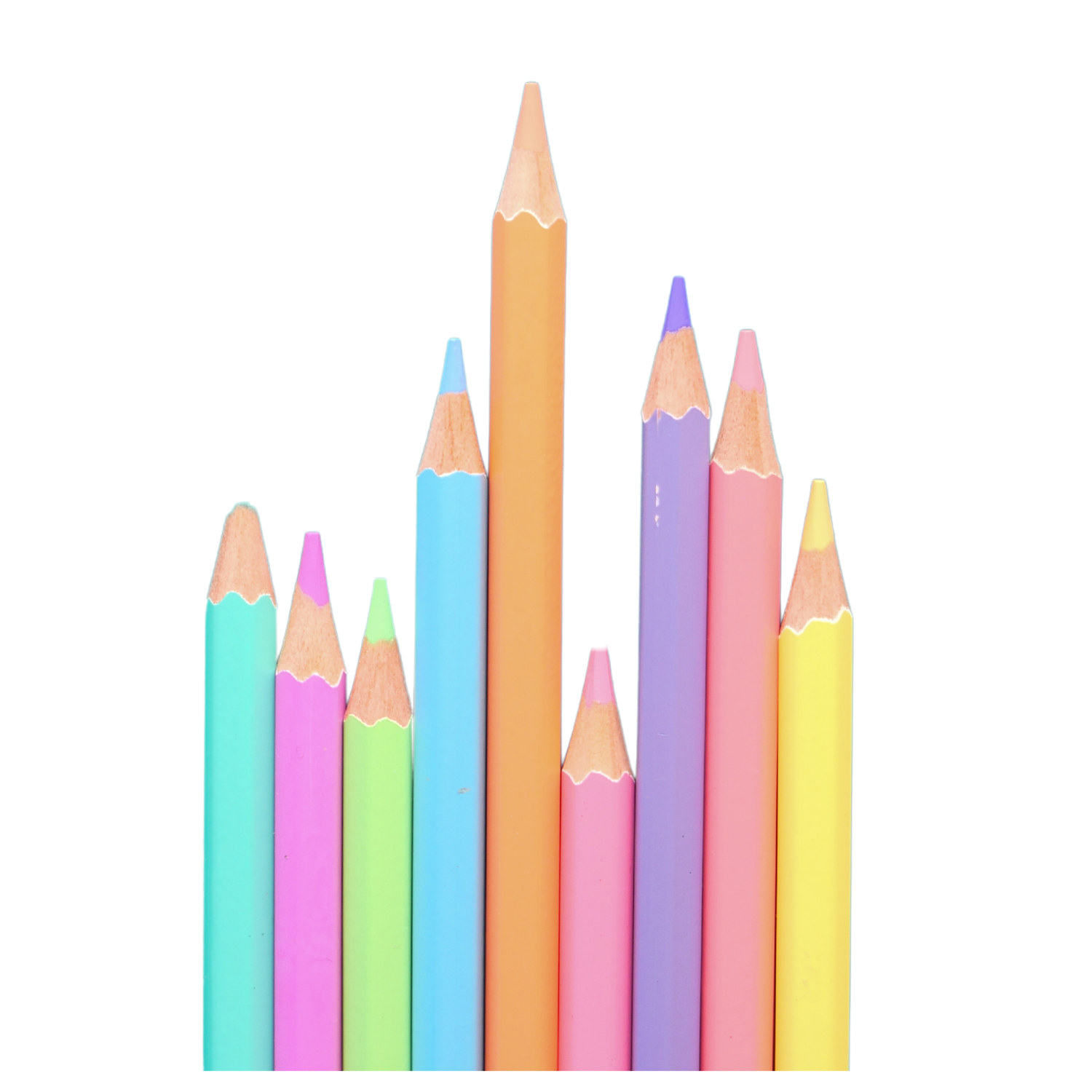Colorful colored pencils arranged vertically with sharpened tips.
