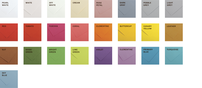 A color swatch chart displaying various colors including Pearl White, White, Off White, Cream, Rose Petal, Dark Gray, Pebble Grey, Light Grey, Red, Tomato, Fuchsia, Coral, Clementine, Butterscup, Canary Yellow, Leather, Nut, Khaki Green, Bright Green, Lime Green, Violet, Primary Blue, Turquoise, Sky Blue.