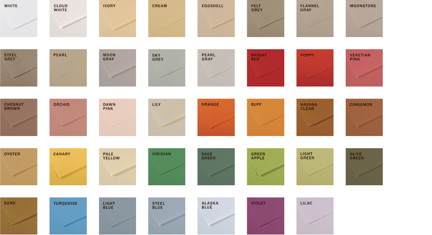 A color palette with 36 color swatches, each labeled with their color names including White, Cloud White, Ivory, Cream, Eggshell, Felt Grey, Flannel Gray, Moonstone, Steel Grey, Pearl, Moon Gray, Sky Grey, Pearl Gray, Bright Red, Poppy, Venetian Pink, Chesnut Brown, Orchid, Dawn Pink, Lily, Orange, Buff, Havana Clear, Cinnamon, Oyster, Canary, Pale Yellow, Viridian, Sage Green, Green Apple, Light Green, Olive Green, Sand, Turquoise, Light Blue, Steel Blue, Alaska Blue, Violet, Lilac.