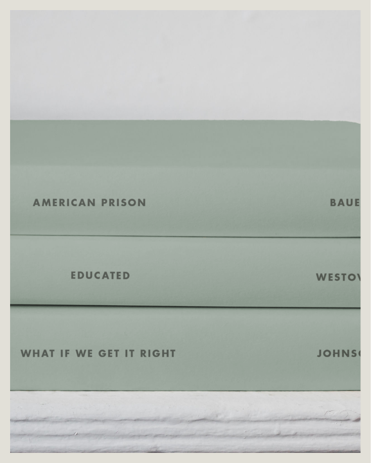 Stack of books with titles such as 'American Prison', 'Educated', and 'What If We Get It Right'