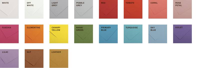 Color palette featuring various shades including white, off-white, light grey, pebble grey, red, tomato, coral, rose petal, fuchsia, clementine, canary yellow, khaki green, primary blue, turquoise, sky blue, violet, lilac, nut, leather, and a large swatch of tan.