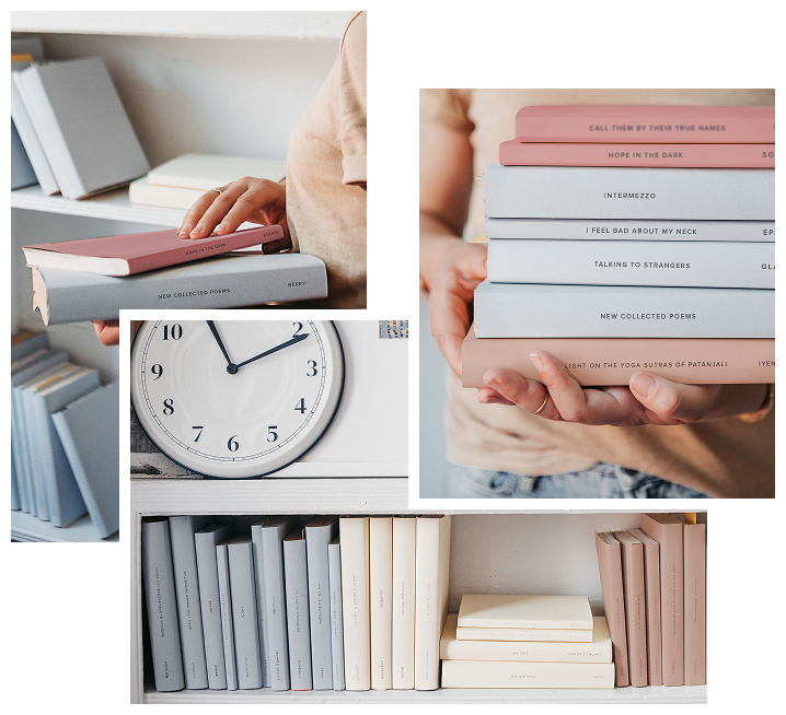 A collage of images featuring books in a bookshelf. One image shows a person holding a stack of books with pastel-colored covers. The books have titles like "Hope in the Dark" and “Light on the Yoga Sutras of Patanjali." Another image shows a person browsing books on shelf, with books stacked