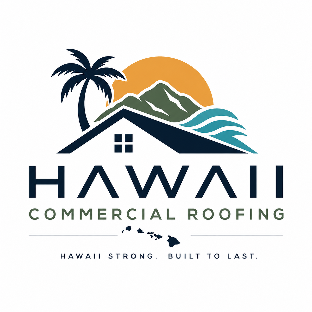 Logo for Hawaii Commercial Roofing featuring a stylized house with a mountain, ocean waves, a palm tree, a setting sun, and the text "Hawaii Commercial Roofing" with the tagline "Hawaii strong. Built to last."