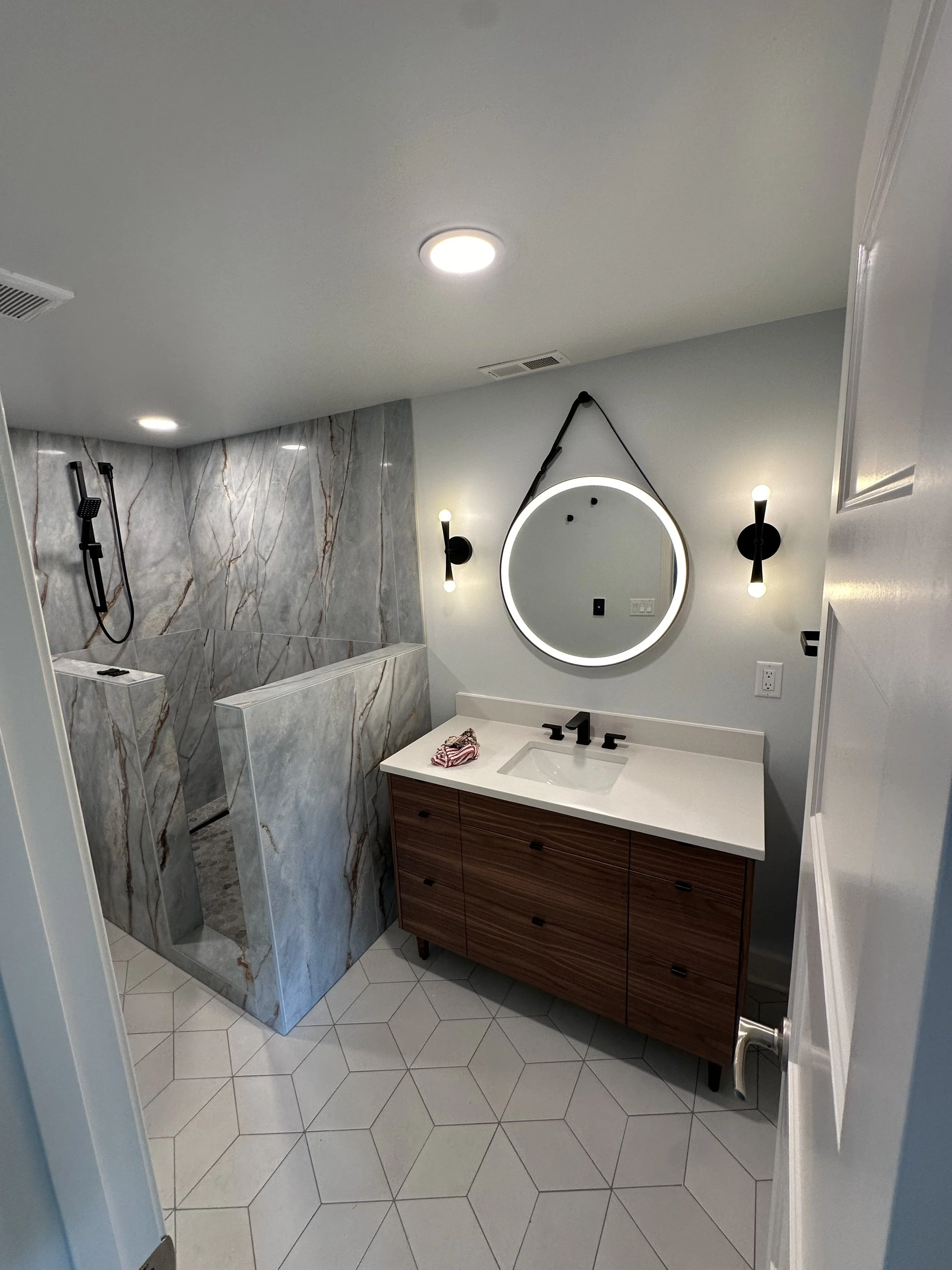 Beaver Lake bathroom sconces, lighted mirror, LED Wafers for overhead lighting 