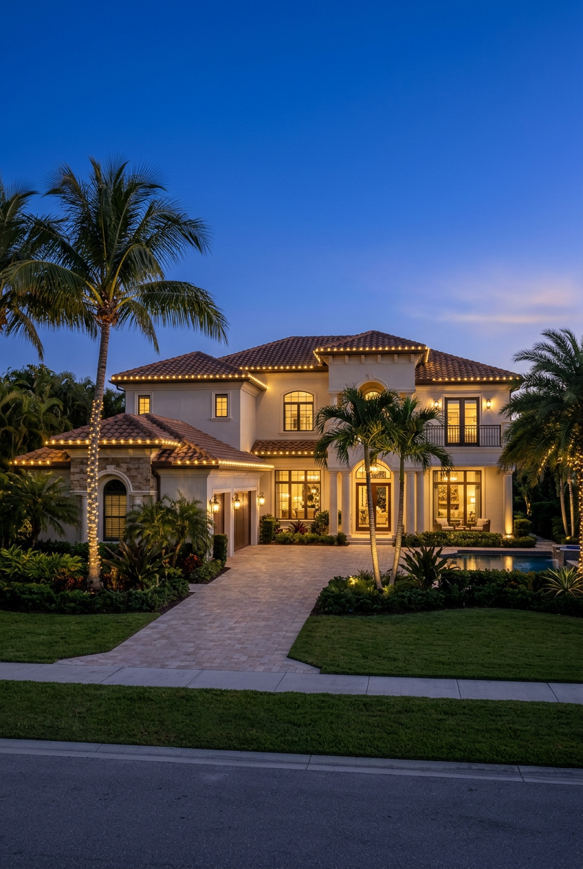 Luxury Southwest Florida home with custom warm white Christmas roofline lighting and illuminated tropical landscaping.
