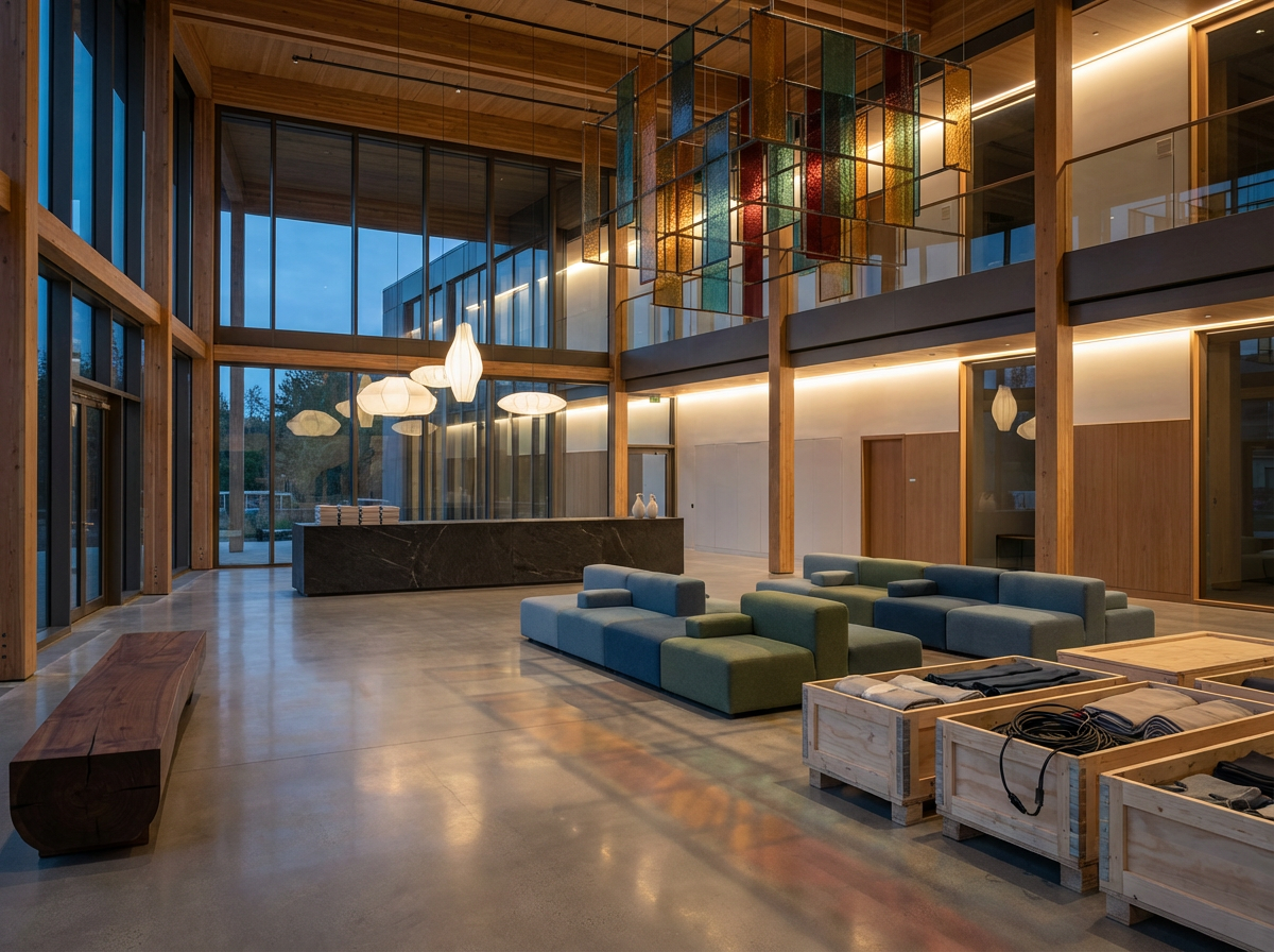 Modern hotel lobby with large glass windows, wooden beams, a black marble reception desk, colorful hanging light fixture, green and blue modular couches, wooden benches, and crates with supplies, illuminated by warm lighting.