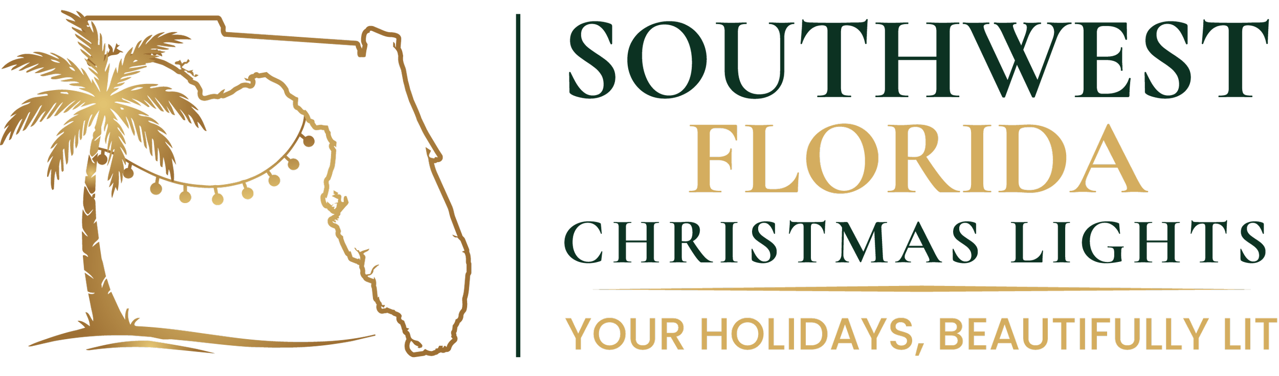 Southwest Florida Christmas Lights logo featuring a Florida outline, palm tree, and holiday lights.
