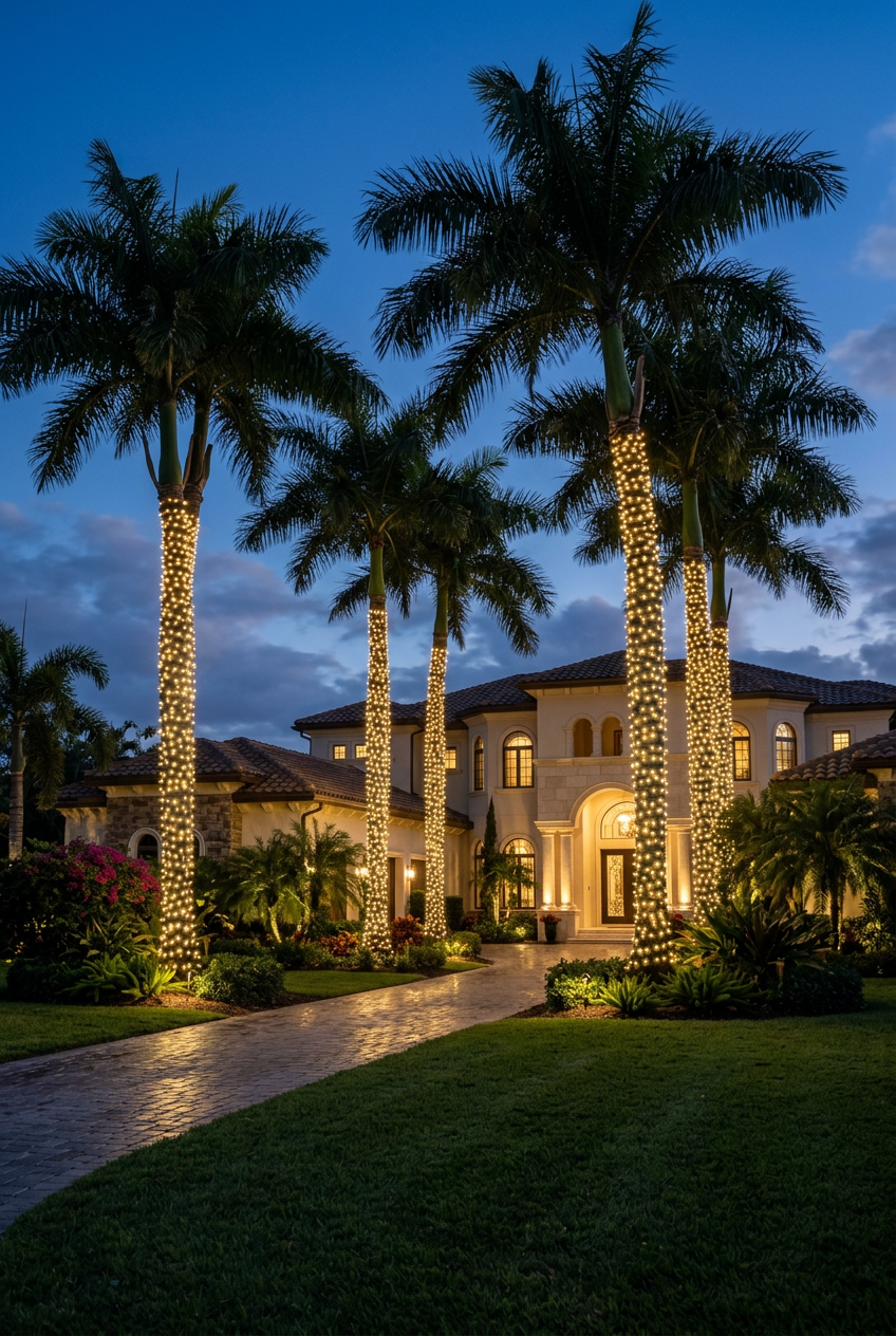 Palm trees wrapped in warm white Christmas lights outside a luxury Southwest Florida home.