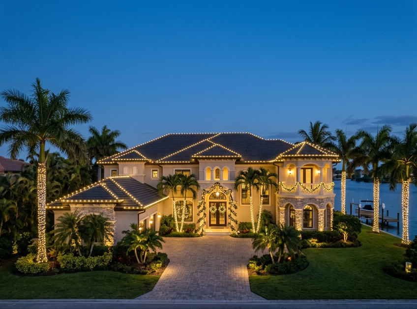 Luxury Southwest Florida waterfront home decorated with warm white Christmas roofline and palm tree lighting.