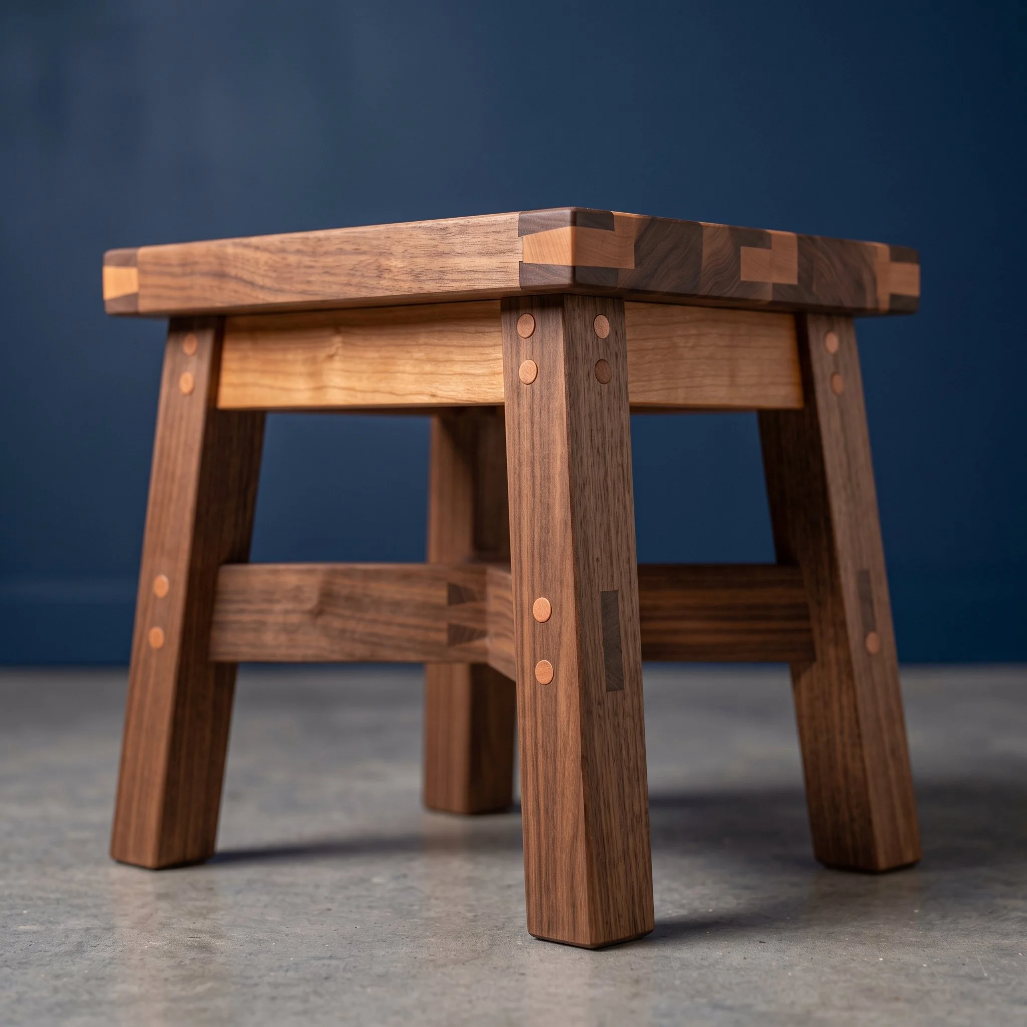 Close-up of a wooden stool with a square seat and four legs, showing detailed joinery and wood grain, set against a dark blue background.