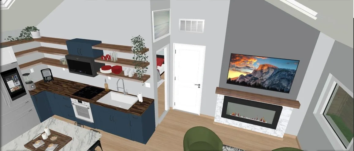 View of a modern kitchen and living room with a wall-mounted TV above a fireplace, a white door, a kitchen with blue cabinets, wood countertops, and open shelves with dishes and plants.