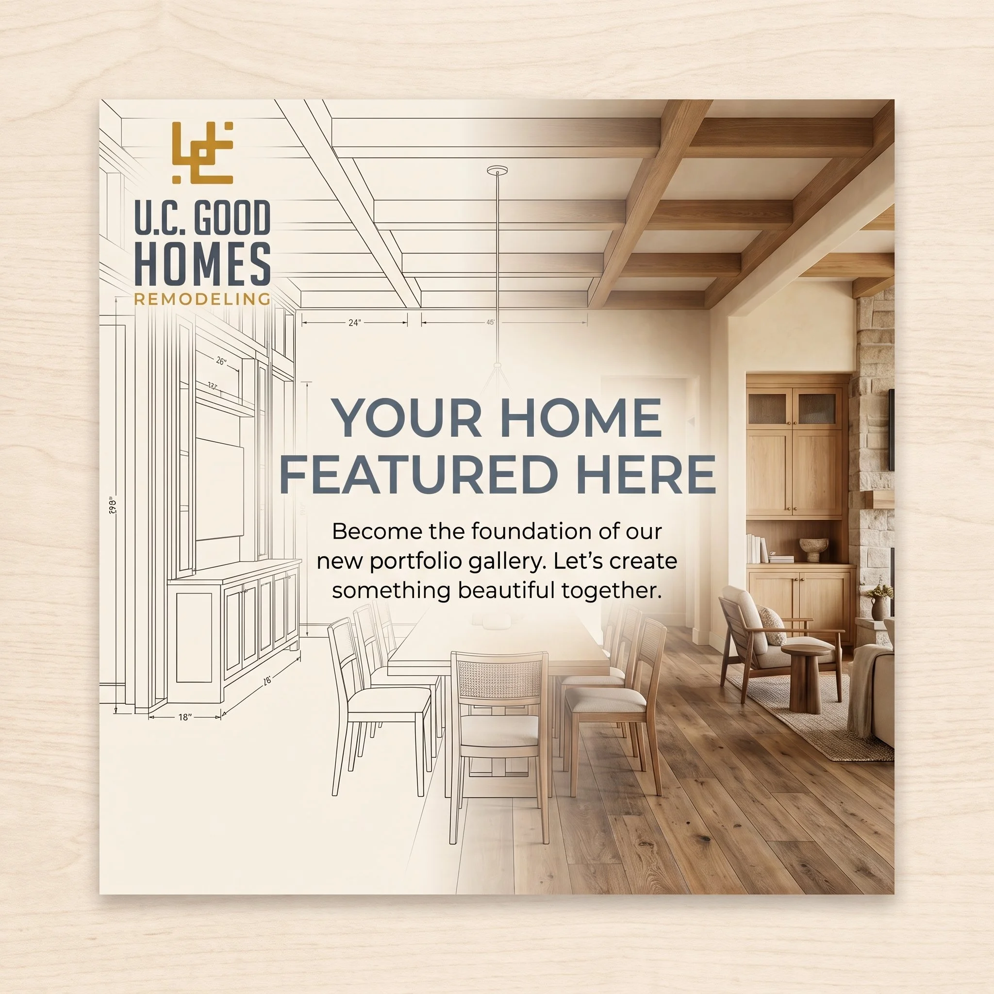 Image of a publication or project related to U.C. Good Homes Remodeling, showing interior ceiling framing and lighting plans along with an interior photograph of a room with wooden flooring, furniture, and a stone fireplace.