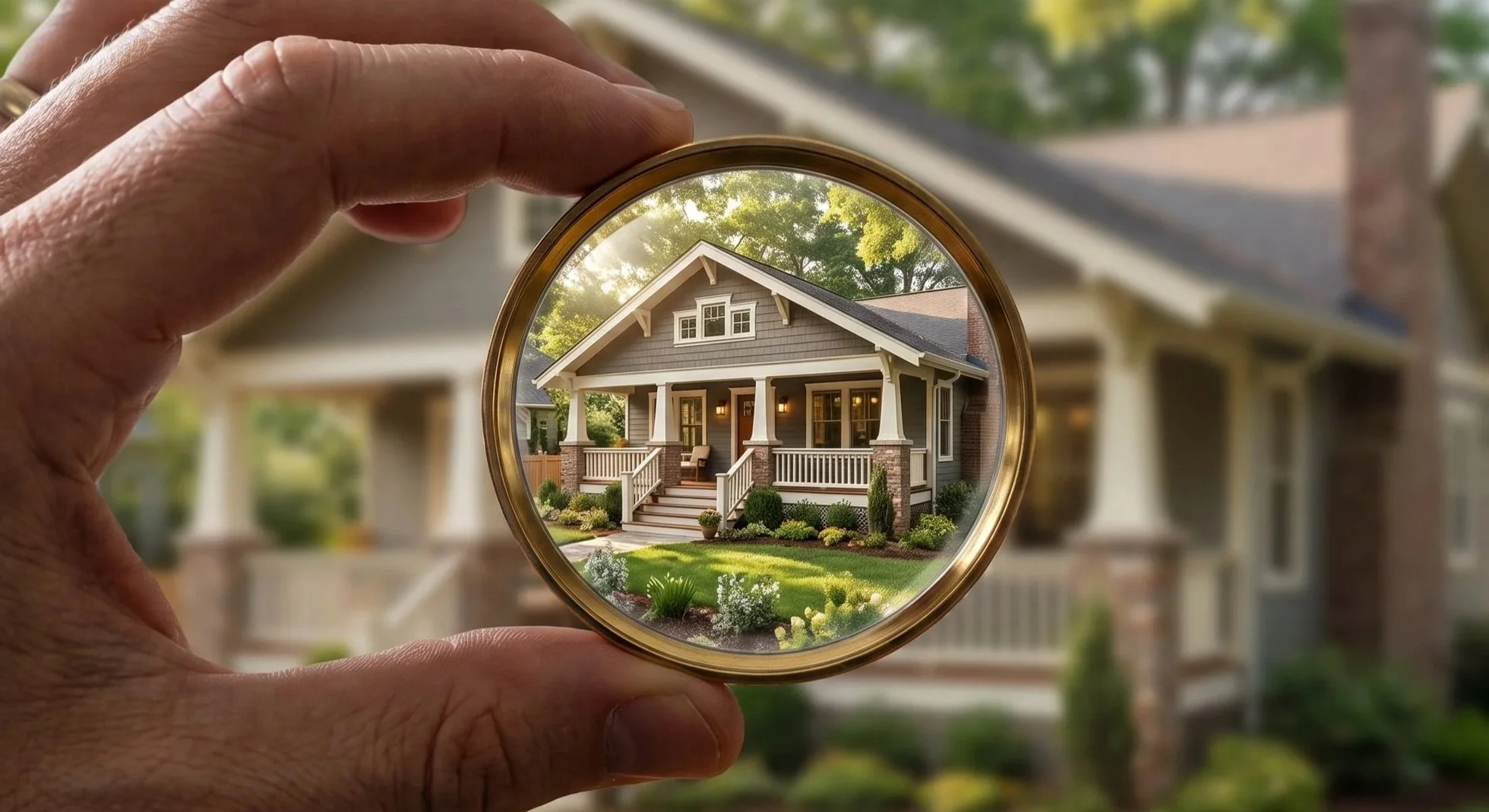 Person holding a lens or mirror that reflects a house with a porch, stairs, and front yard with plants, while the background is blurred of neighboring houses and trees.