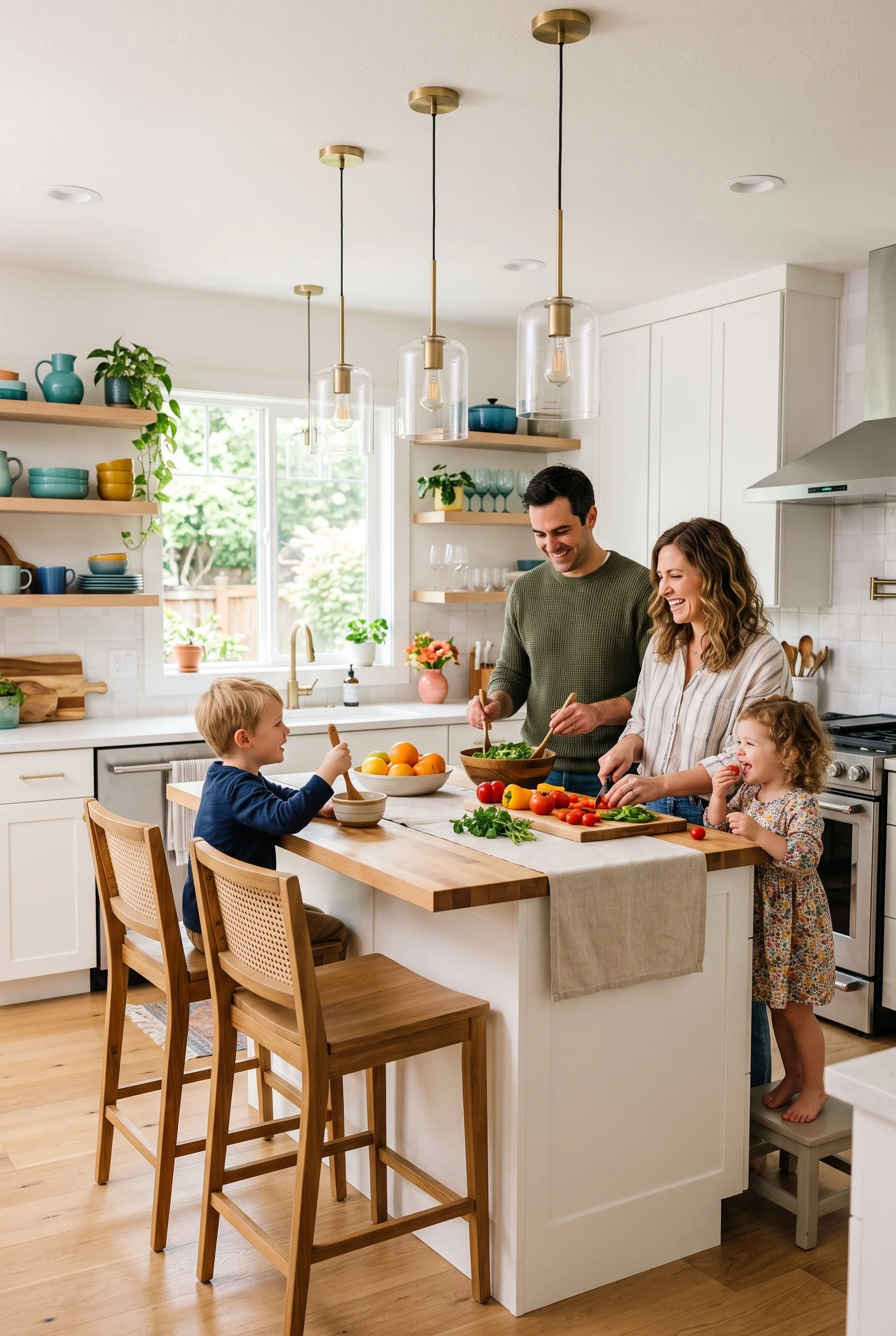 A family cooking and preparing food together in a bright, modern kitchen with white cabinets, a large window, and open wooden shelves filled with colorful dishware. Two children, a man, and a woman are smiling and involved in the activity at the kitchen island.