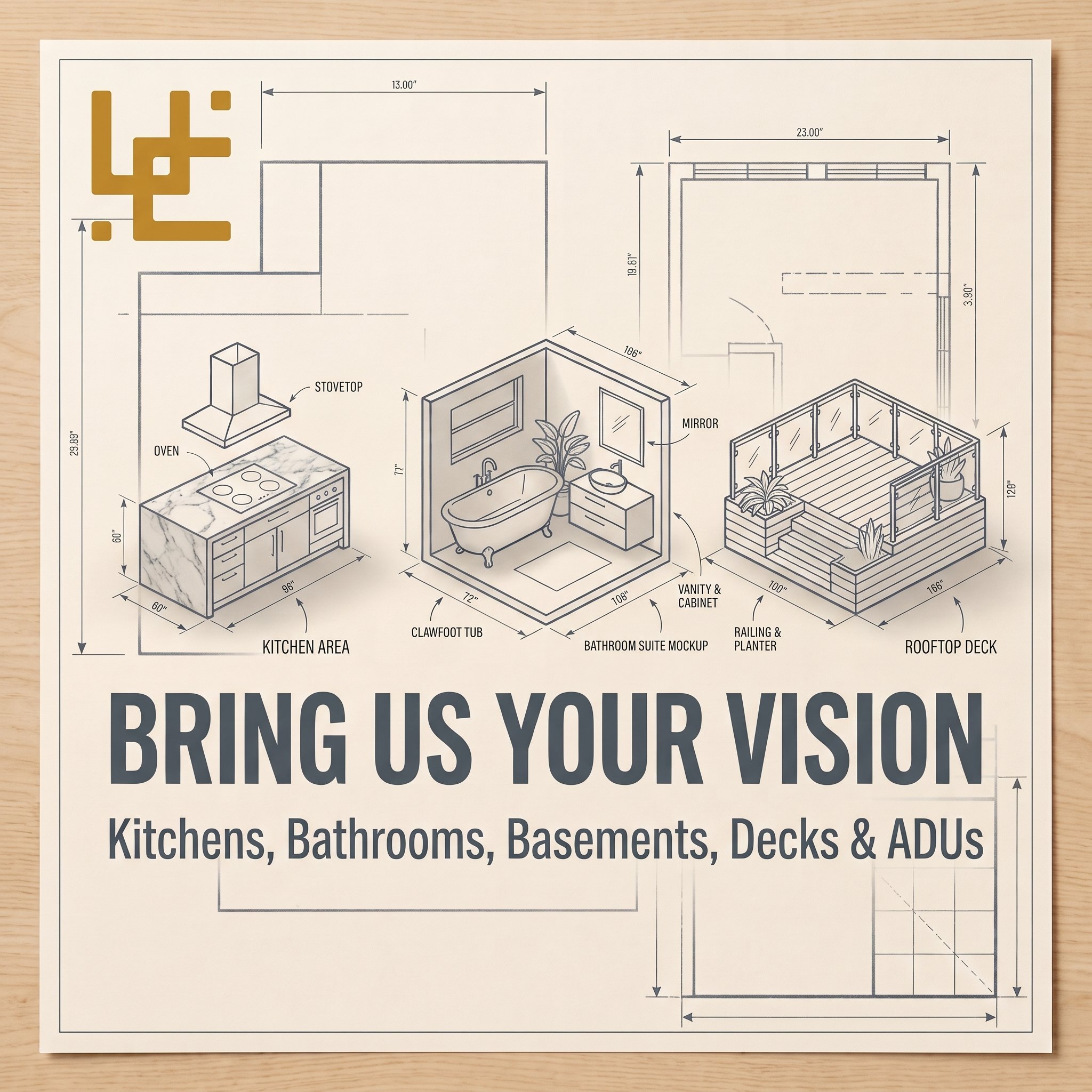 Architectural blueprint of a room with measurements and labels for kitchen, bathroom, basement, deck, and other areas.