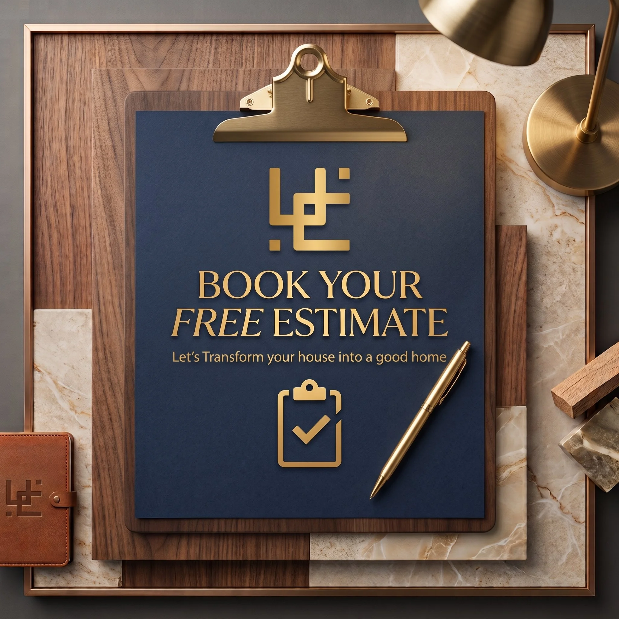 A to-do list sign with gold clip, greenish-blue background, and gold text that reads 'BOOK YOUR FREE ESTIMATE' on a wooden desk. Home renovations, home remodeling deals