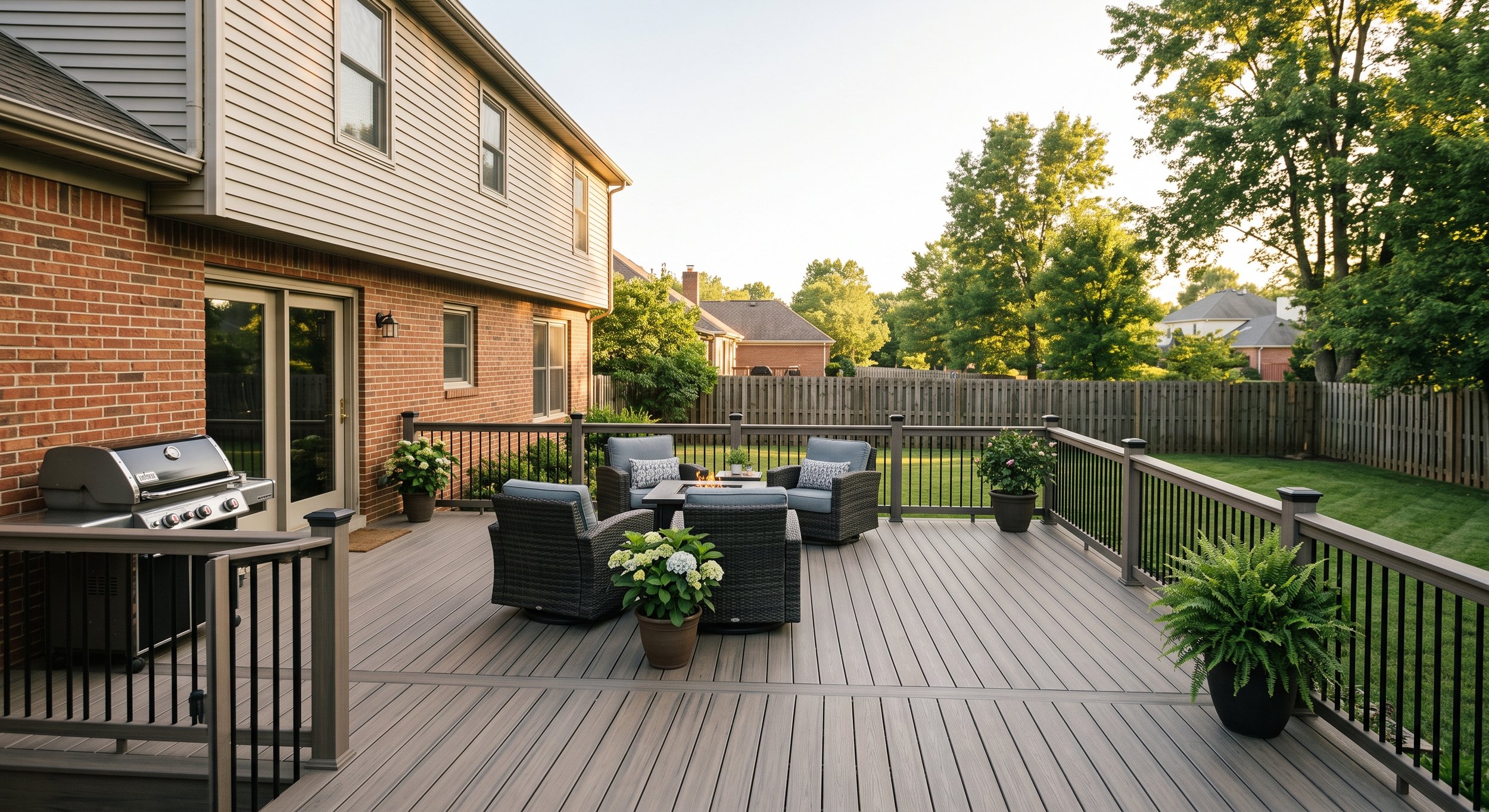 Backyard deck with outdoor furniture, potted plants, a grill, and a view of a green backyard with trees and neighboring houses. composite trex decking, aluminum railing