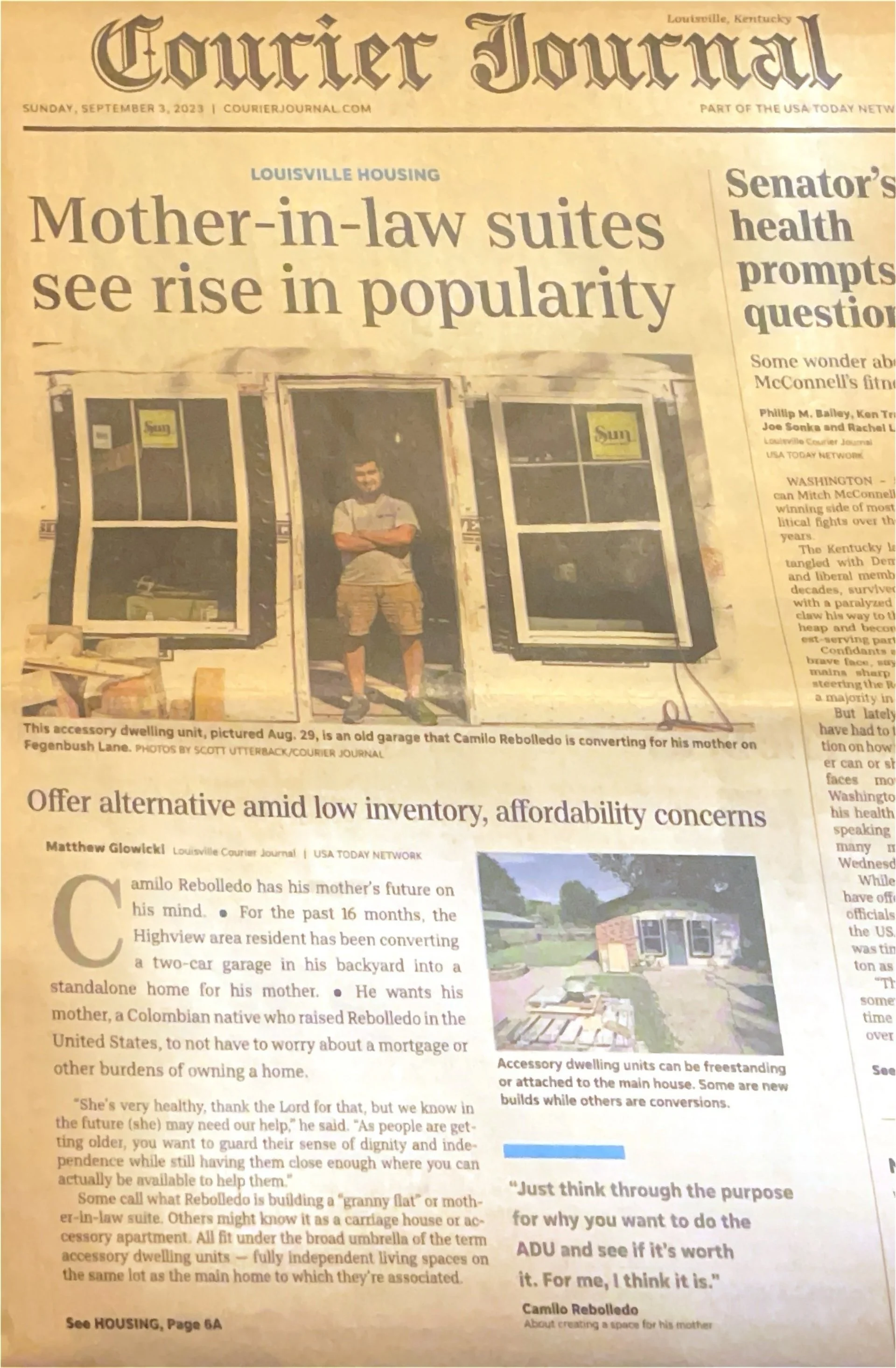Front page of the Louisville Courier Journal newspaper, dated September 3, 2023, featuring a headline about the rise in popularity of mother-in-law suites, with a photograph of a man standing outside a small accessory dwelling unit or mother-in-law suite, which he is converting from an old garage.