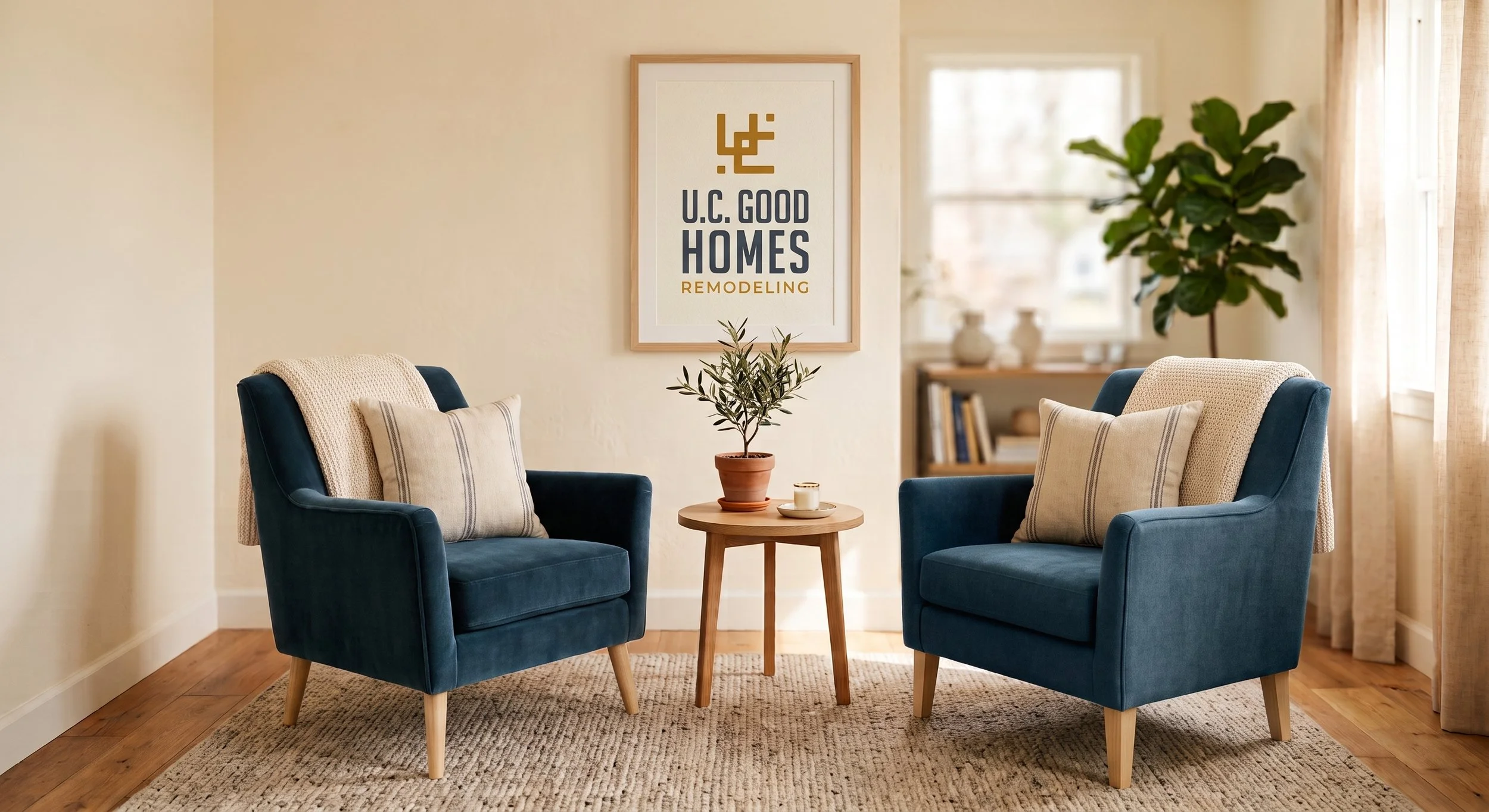 Living room with two blue armchairs, a small round wooden table with a potted plant and a candle, a framed sign on the wall reading "U.C. GOOD HOMES REMODELING," a large window with curtains, and a bookshelf with decorative items.