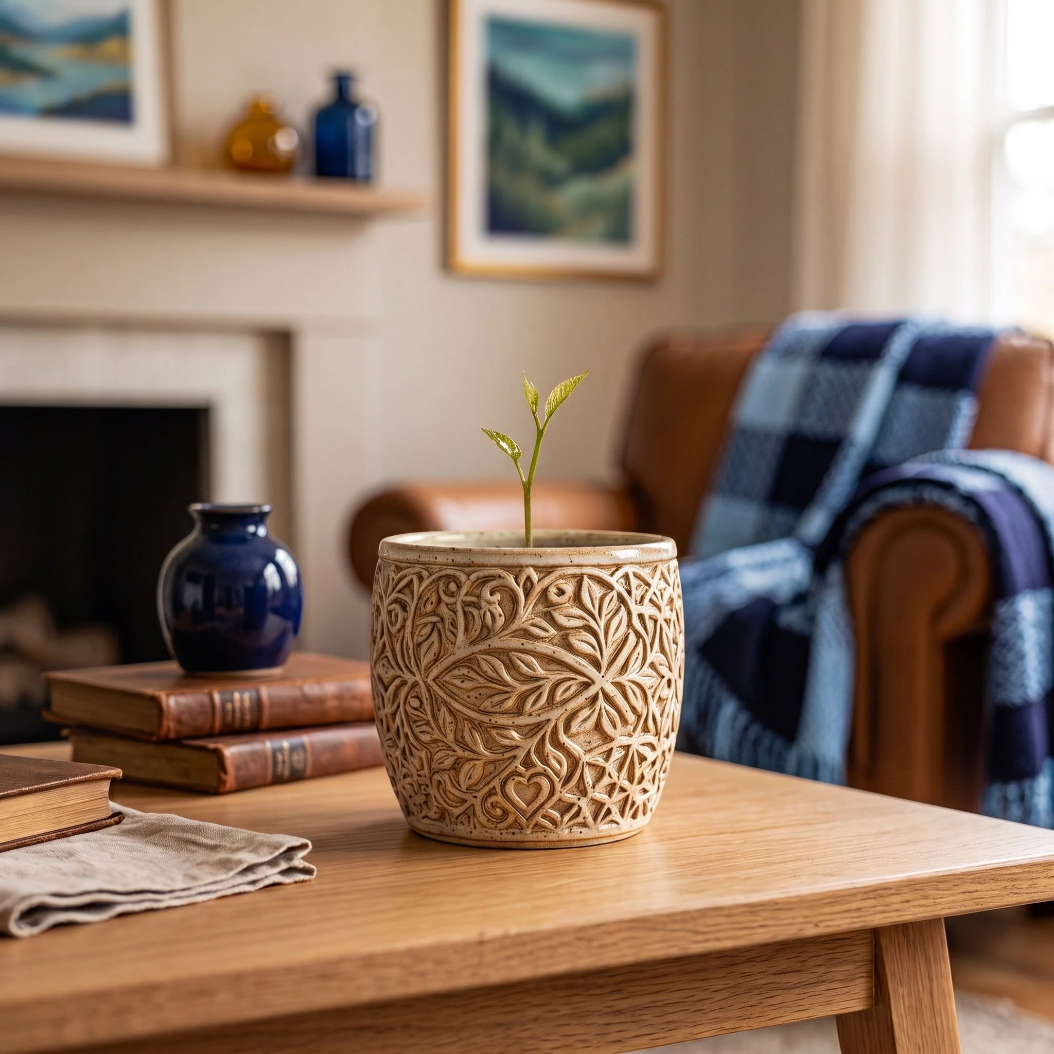 A small green plant with a few leaves in a decorative beige ceramic pot on a wooden table. In the background, there are blue and brown vases, stacks of books, a picture frame with art, and a brown upholstered chair, all in a cozy room with natural light.